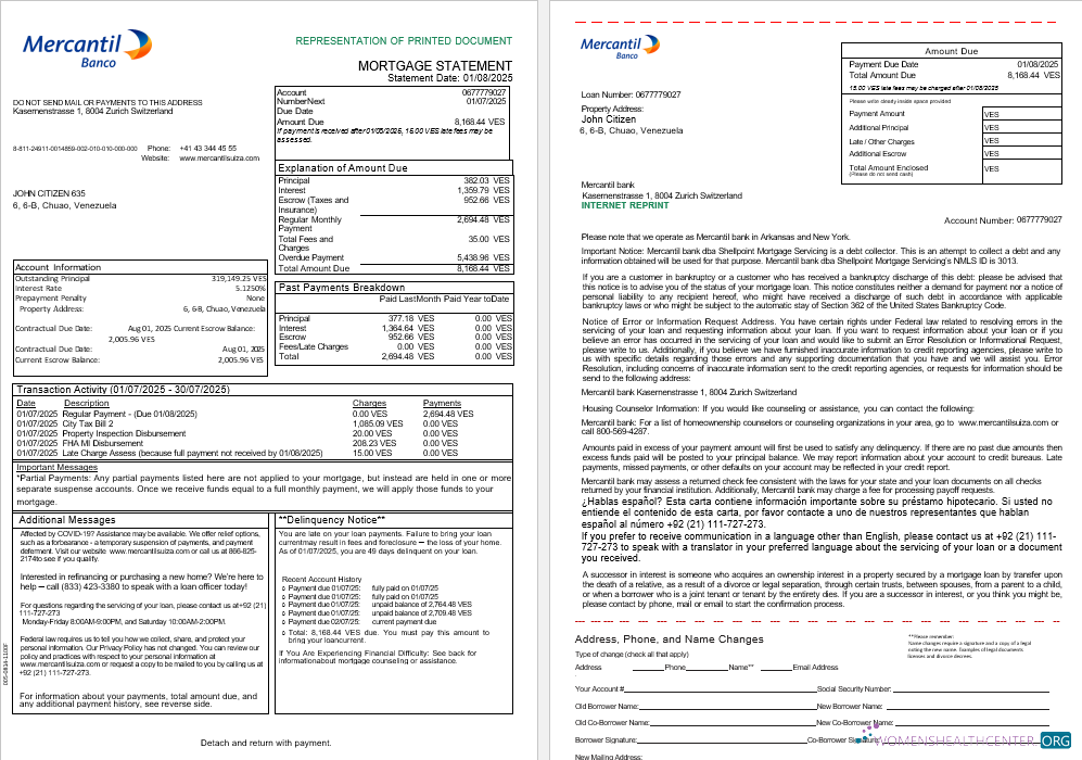 Download Venezuela Mercantil bank mortgage statement in Word and PDF formats, 3 pages 1 2 Photoshop template